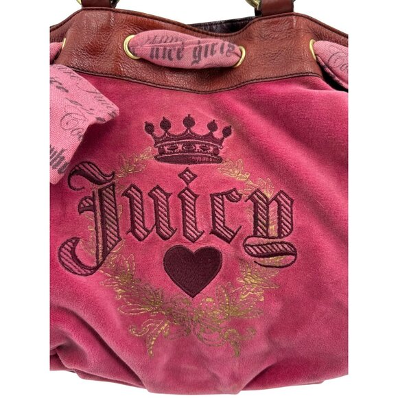 RARE Vintage Y2K Juicy Couture Pink Velour Vegan Leather Embroidered Logo Bag - Picture 6 of 16